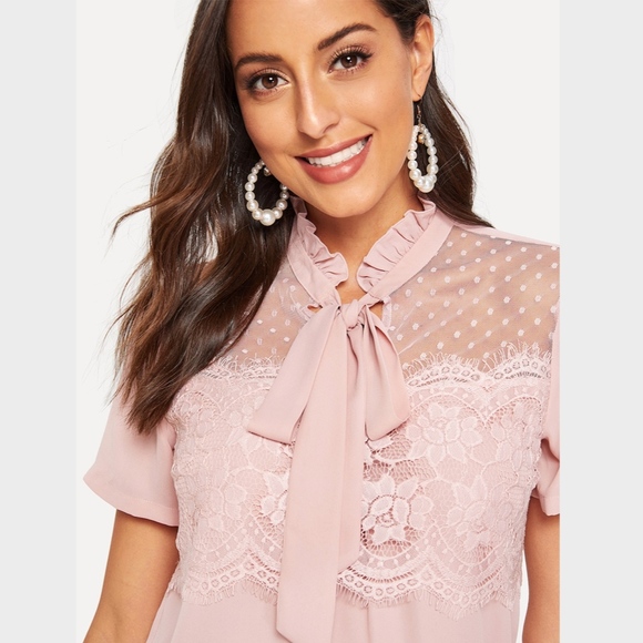 Frilled Tie Neck Lace Appliqué Top Blush Pink - Picture 4 of 6